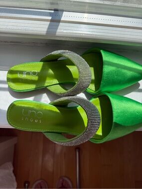 Green Satin Pointed Mules with Rhinestone Strap